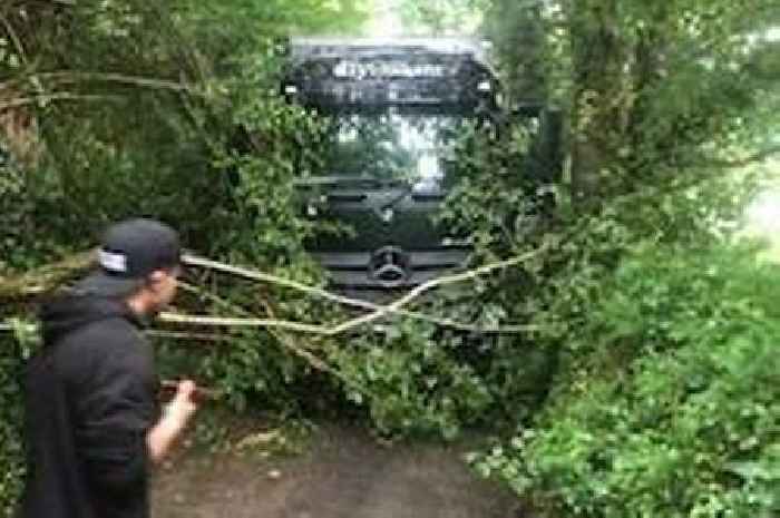 Lorry gets stuck on tiny West Country lane despite man's makeshift signs