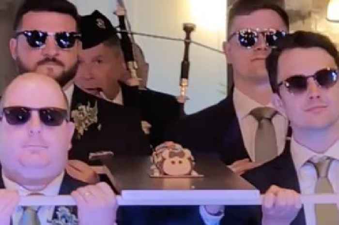 Hilarious moment Colin the Caterpillar cake piped into wedding in viral clip