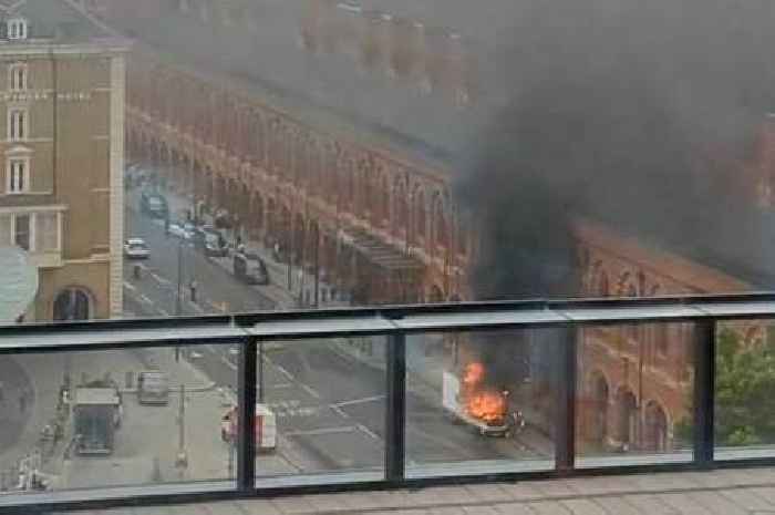 Van erupts in flames outside Kings Cross St Pancras station as thick smoke fills street