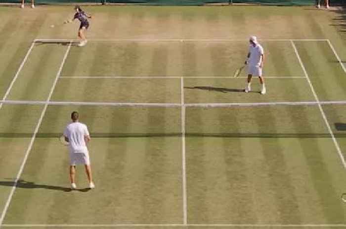 Wimbledon ball girl steals the show in doubles match with tennis legends