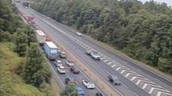 A14 carriageway closed due to crash and oil spill