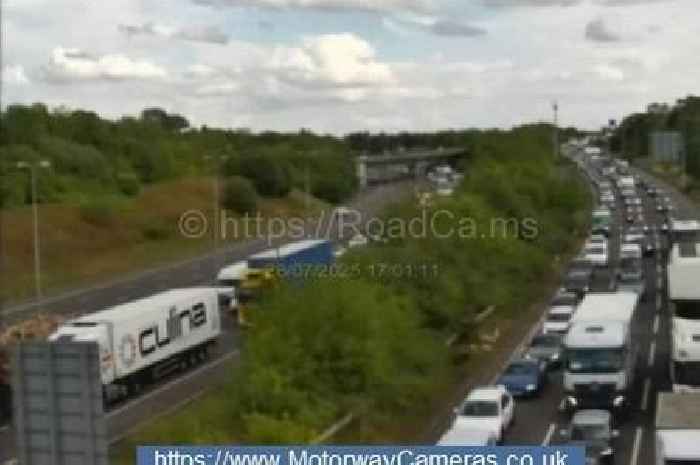 Rush hour delays live as vehicle burst into flames on the M42