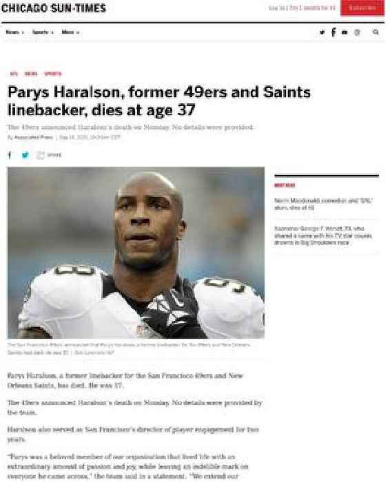 Parys Haralson, former 49ers and Saints linebacker, dies at age 37