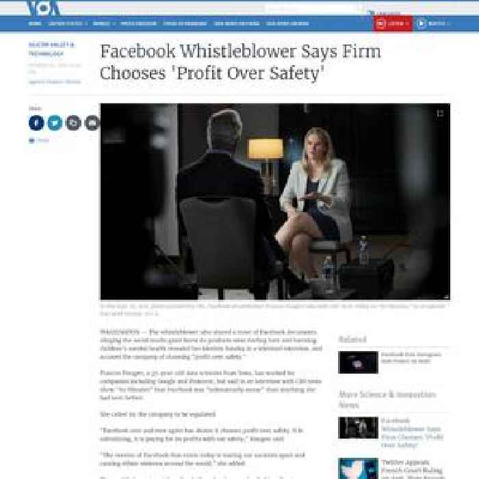 Facebook Whistleblower Says Firm Chooses 'Profit Over Safety'
