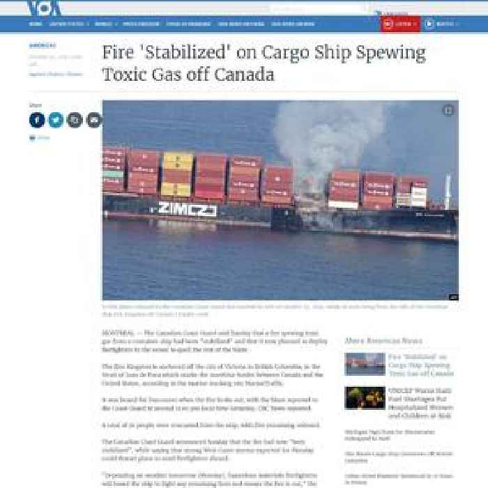 Fire 'Stabilized' on Cargo Ship Spewing Toxic Gas off Canada