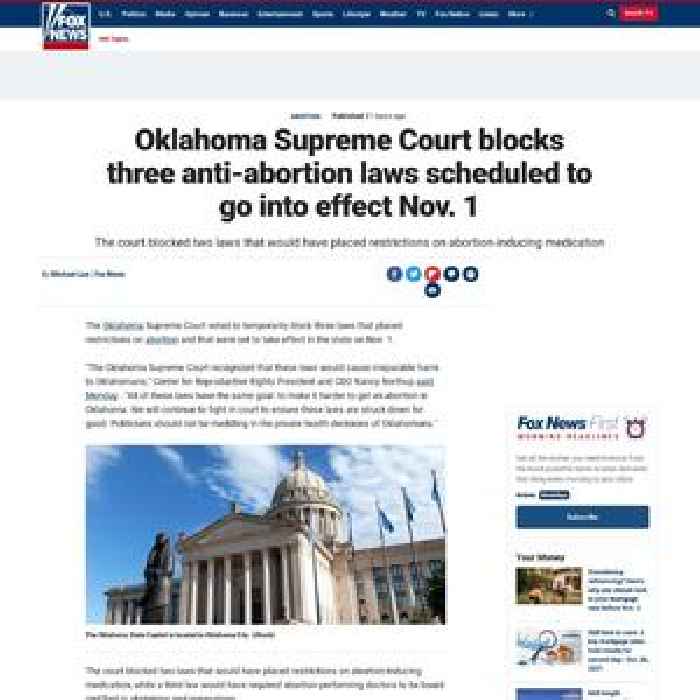 Oklahoma Supreme Court blocks three anti-abortion laws scheduled to go into effect Nov. 1