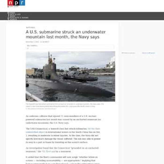 A U.S. submarine struck an underwater mountain last month, the Navy says