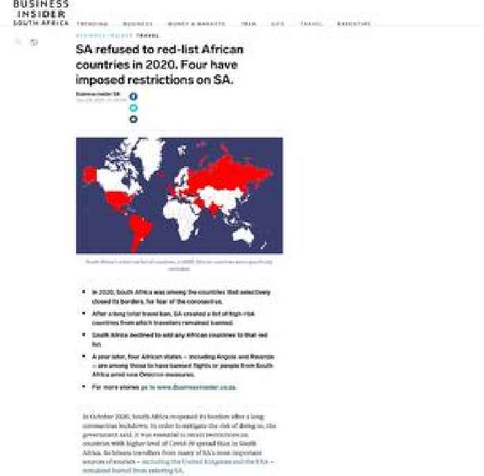 Businessinsider.co.za | SA refused to red-list African countries in 2020. Four have imposed restrictions on SA.