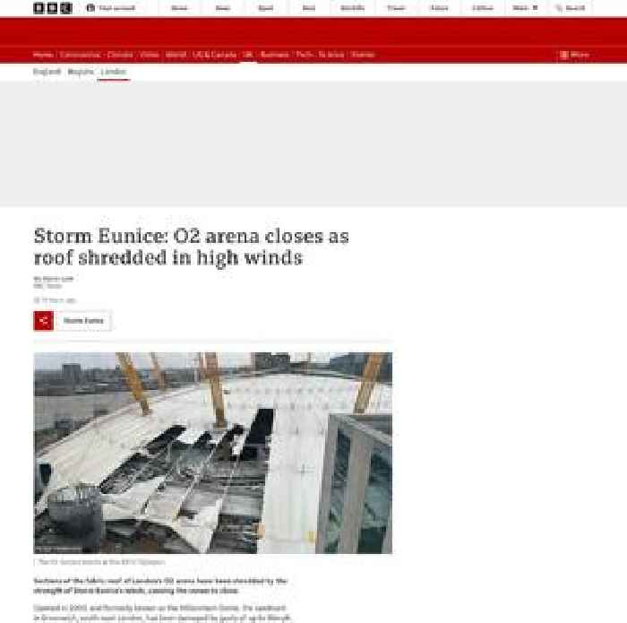 Storm Eunice winds shred London O2 arena's roof