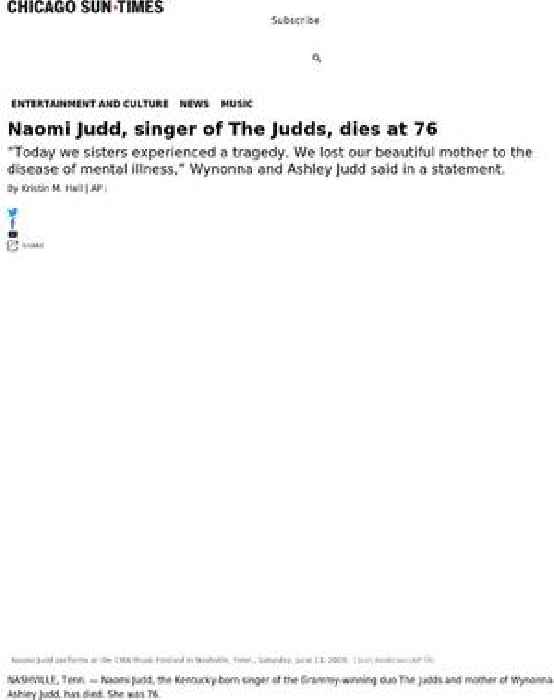 Naomi Judd, singer of The Judds, dies