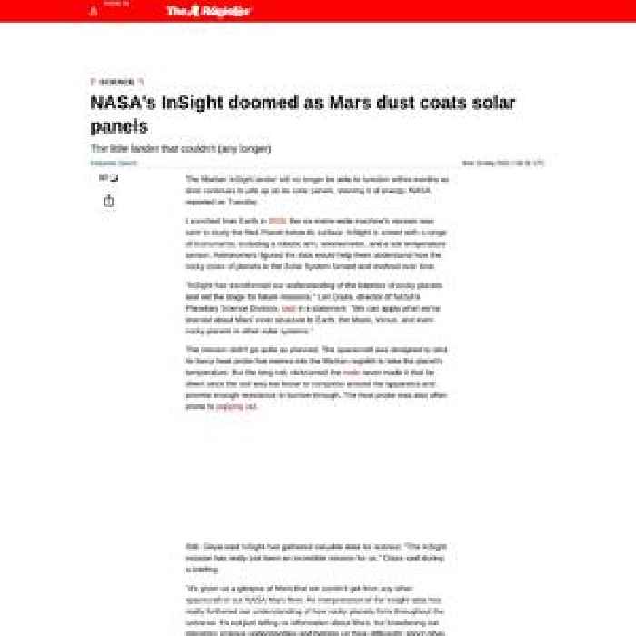 NASA's InSight doomed as Mars dust coats solar panels
