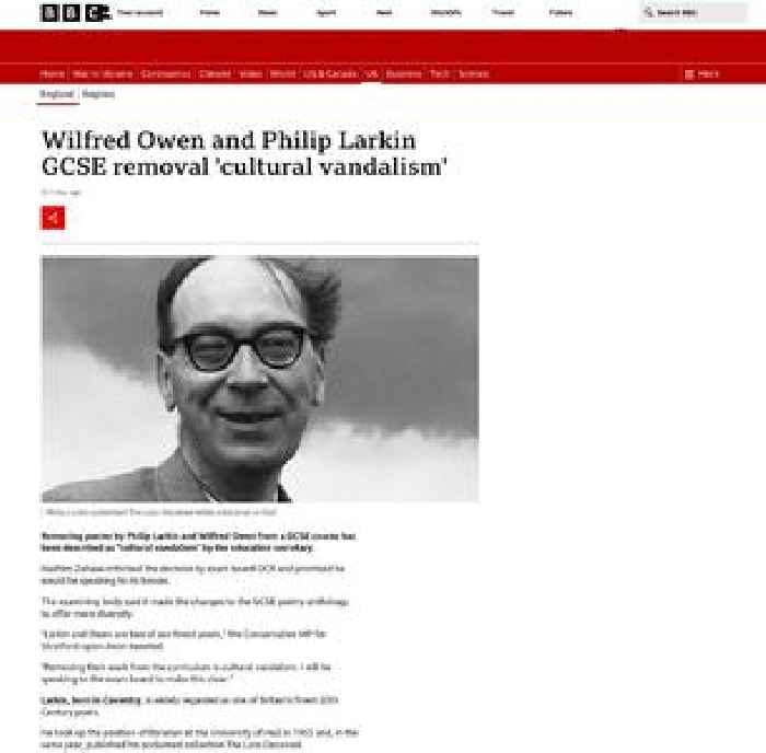 Wilfred Owen and Philip Larkin GCSE removal 'cultural vandalism'