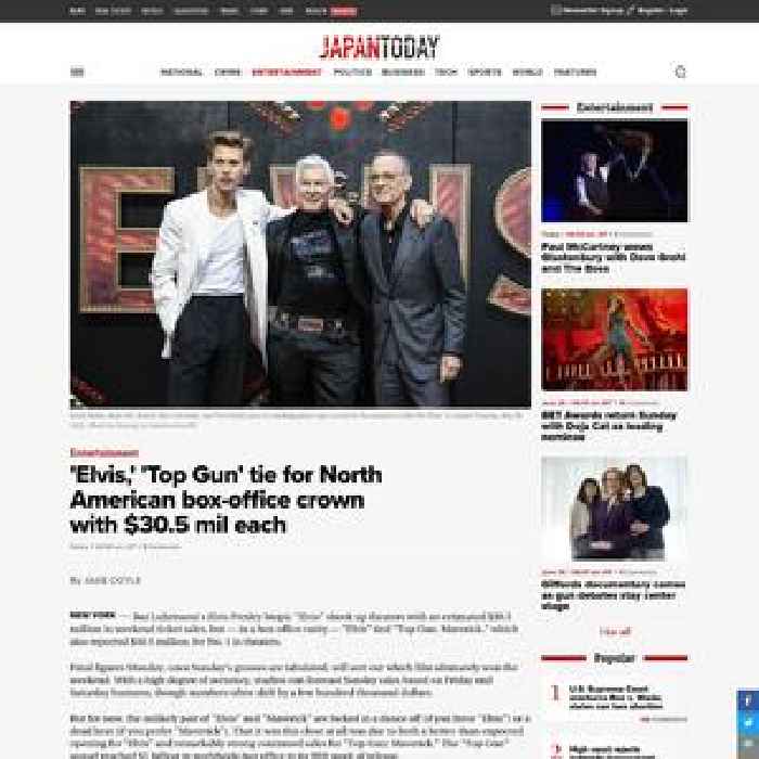 'Elvis,' 'Top Gun' tie for North American box-office crown with $30.5 mil each