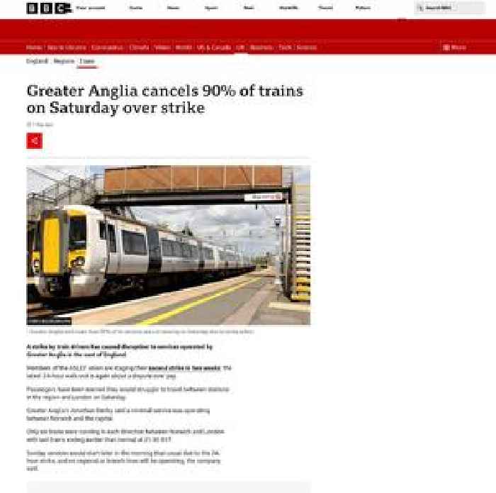 Greater Anglia cancels 90% of trains on Saturday over strike