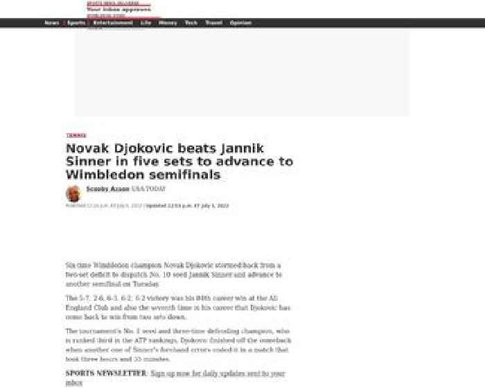 Novak Djokovic beats Jannik Sinner in five sets to advance to Wimbledon semifinals