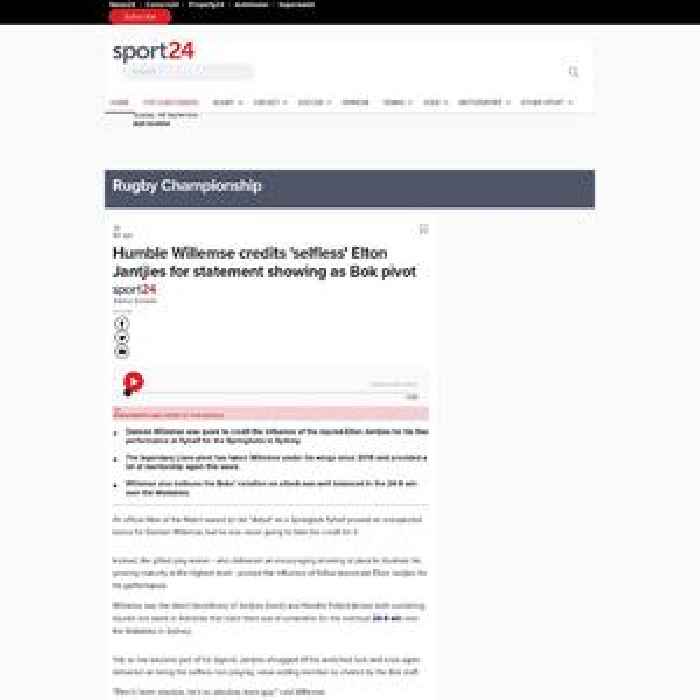 News24.com | Humble Willemse credits 'selfless' Elton Jantjies for statement showing as Bok pivot