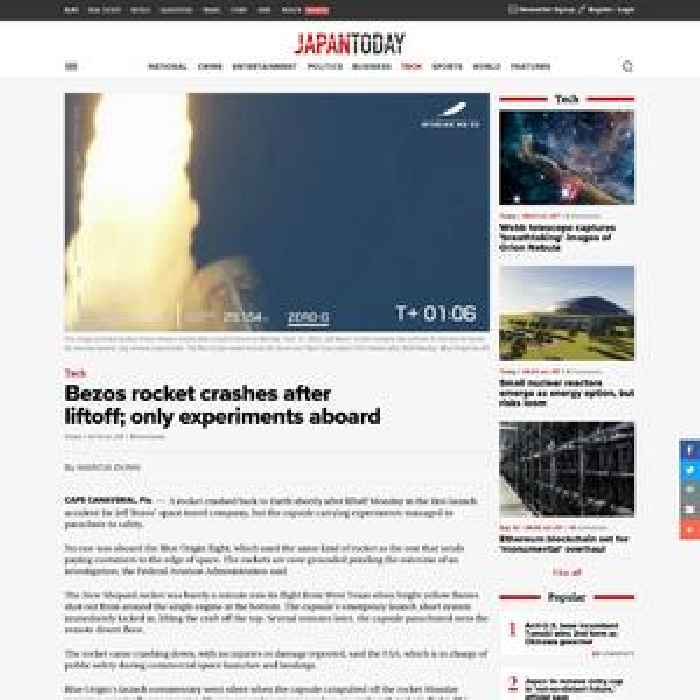 Bezos rocket crashes after liftoff; only experiments aboard