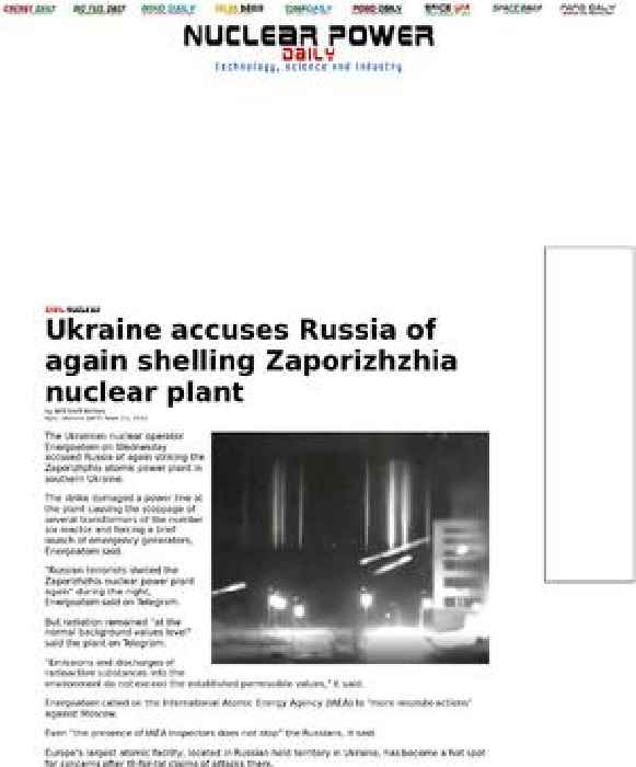 Ukraine accuses Russia of again shelling Zaporizhzhia nuclear plant