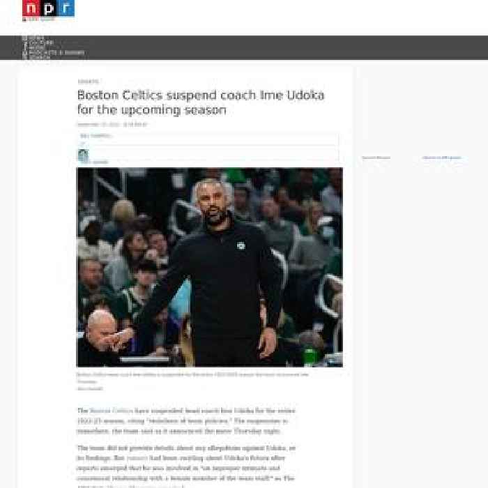 Boston Celtics suspend coach Ime Udoka for the upcoming season