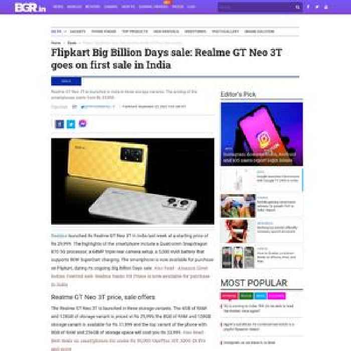 Flipkart Big Billion Days sale: Realme GT Neo 3T goes on first sale in India