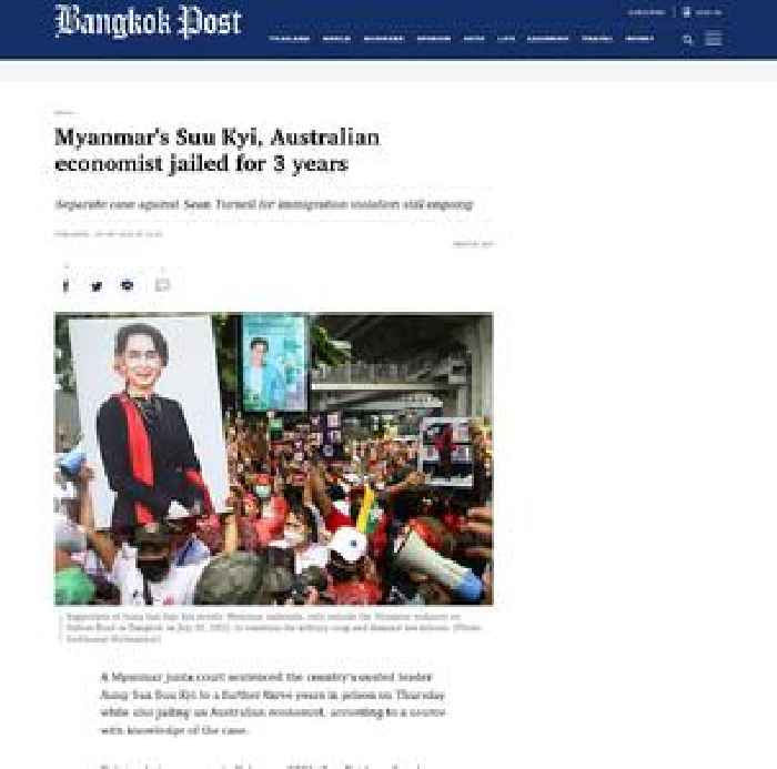 Myanmar's Suu Kyi, Australian economist jailed for 3 years