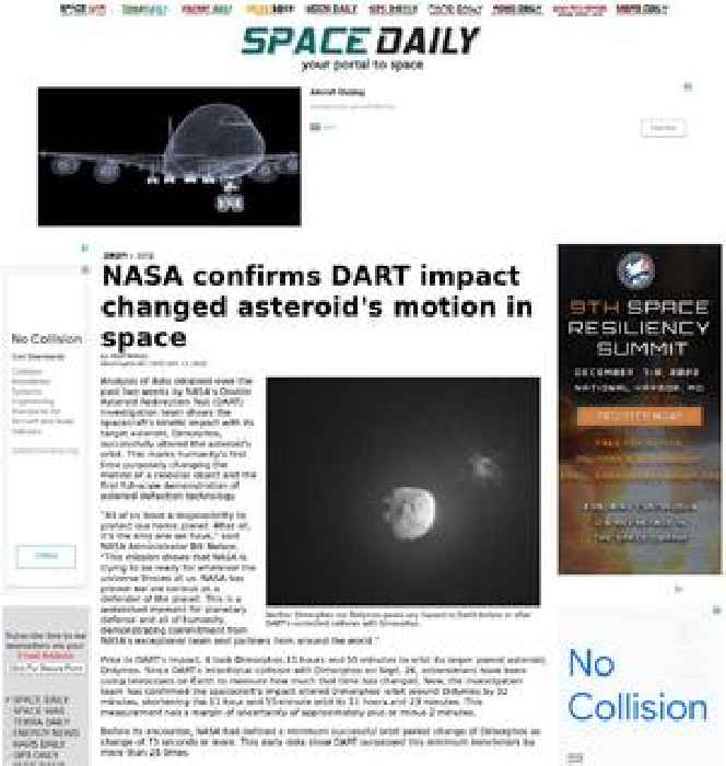 NASA confirms DART impact changed asteroid's motion in space