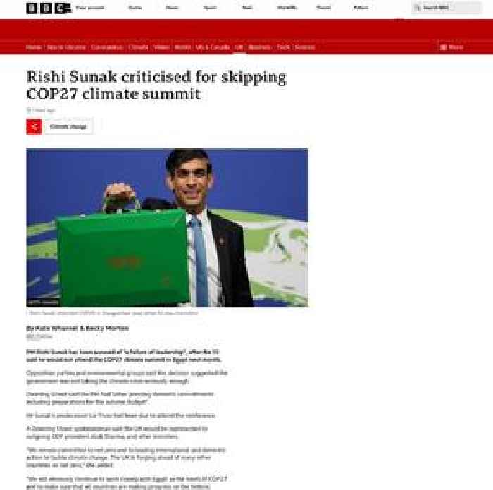 Rishi Sunak will not go to COP27 climate summit next month