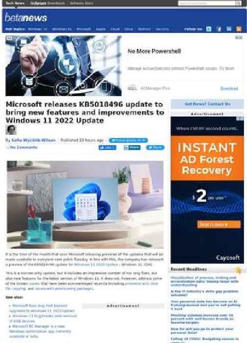 Microsoft releases KB5018496 update to bring new features and improvements to Windows 11 2022 Update