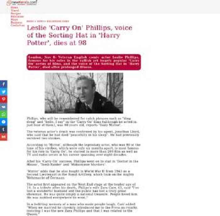 
Leslie 'Carry On' Phillips, voice of the Sorting Hat in 'Harry Potter', dies at 98
