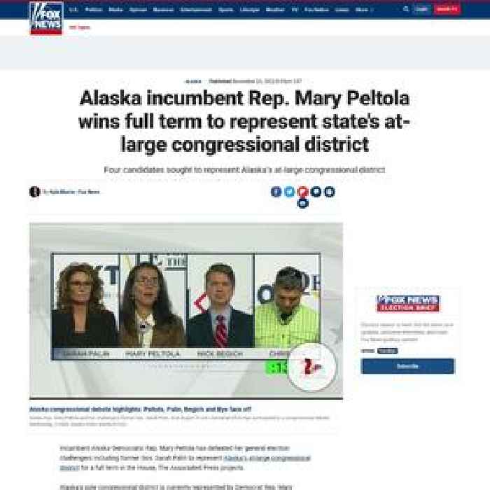 Alaska incumbent Rep. Mary Peltola wins full term to represent state's at-large congressional district