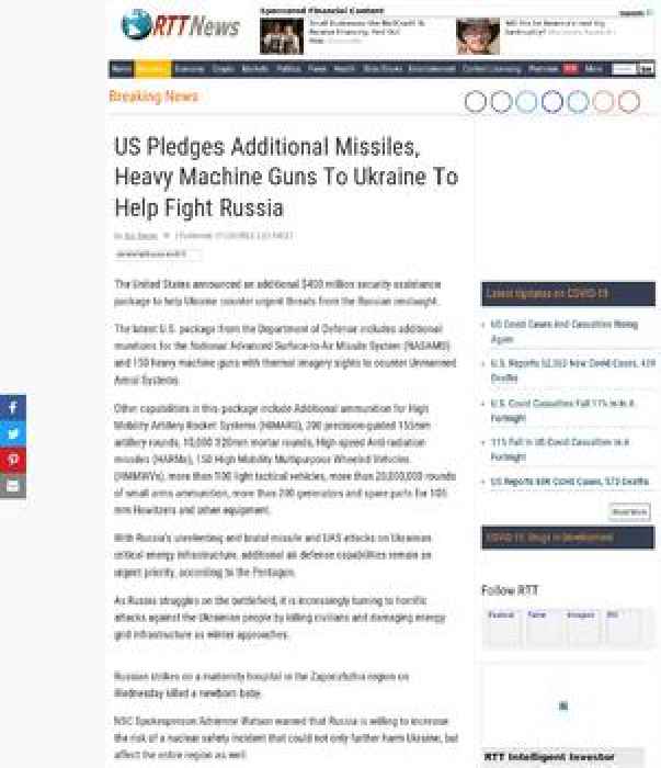 US Pledges Additional Missiles, Heavy Machine Guns To Ukraine To Help Fight Russia