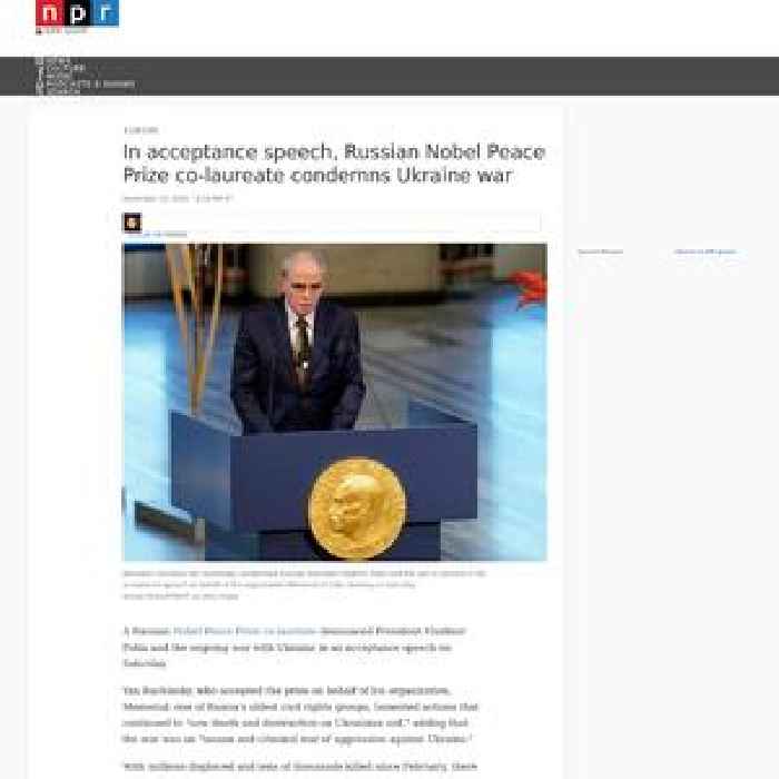 In acceptance speech, Russian Nobel Peace Prize co-laureate condemns Ukraine war