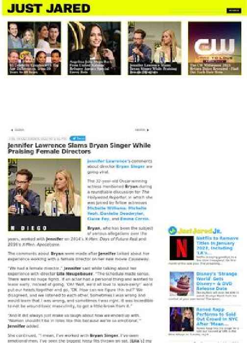 Jennifer Lawrence Slams Bryan Singer While Praising Female Directors