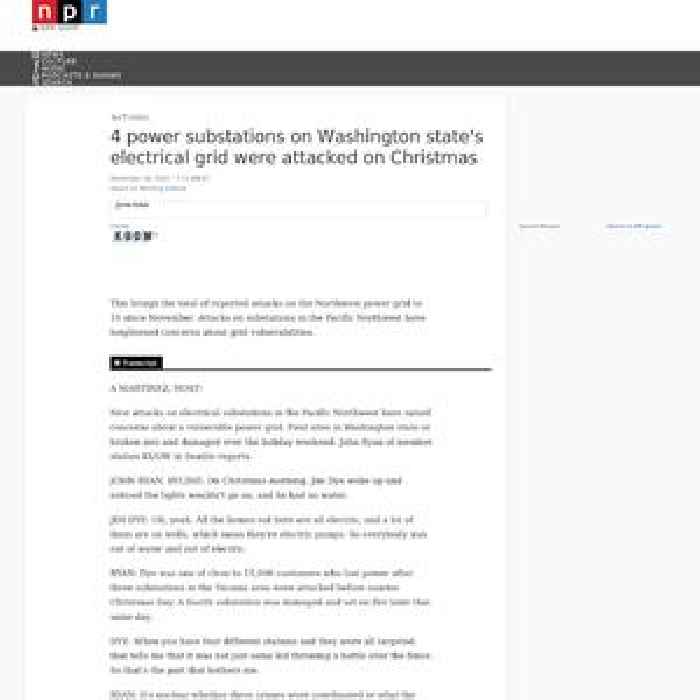 4 power substations on Washington state's electrical grid were attacked on Christmas
