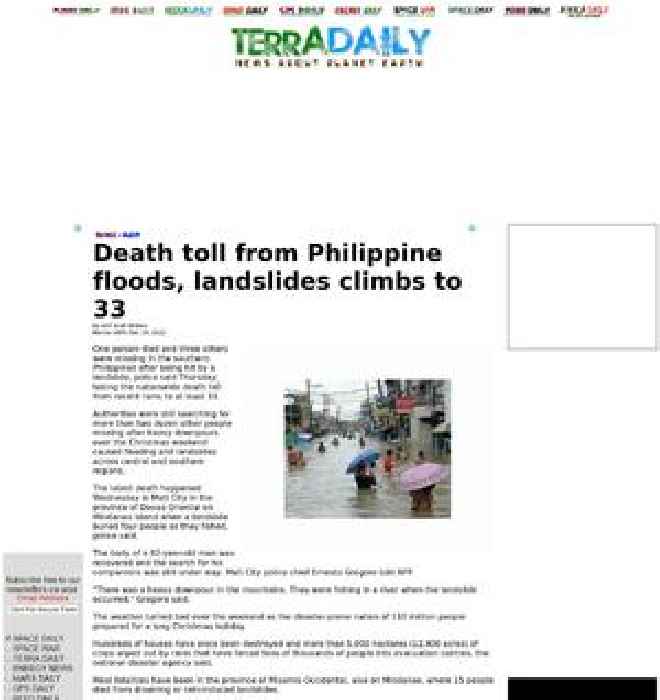 Death toll from Philippine floods, landslides climbs to 33