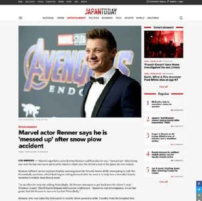 Marvel actor Renner says he is 'messed up' after snow plow accident