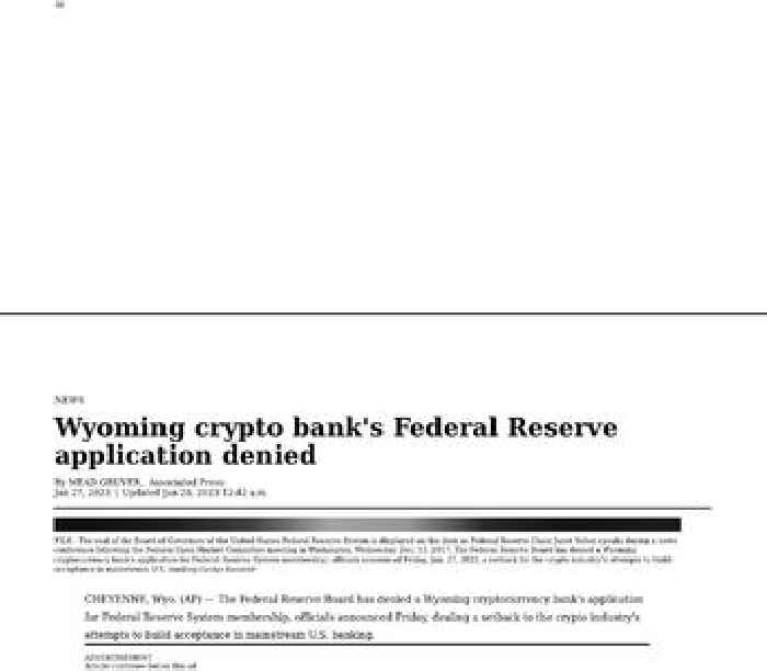 Wyoming crypto bank's Federal Reserve application denied