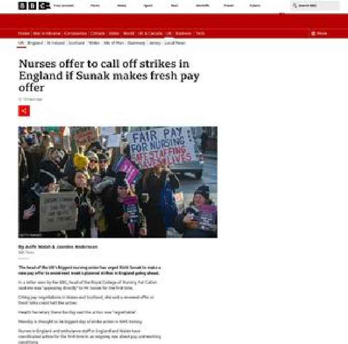 Nurses offer to call off strikes in England if Sunak makes fresh pay offer