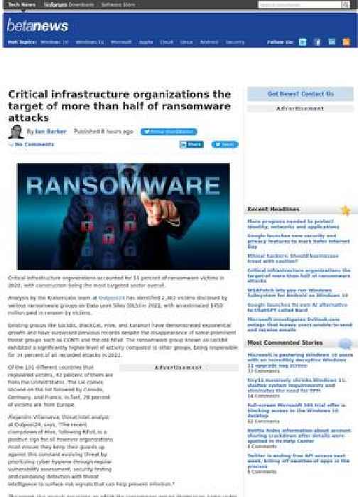 Critical infrastructure organizations the target of more than half of ransomware attacks