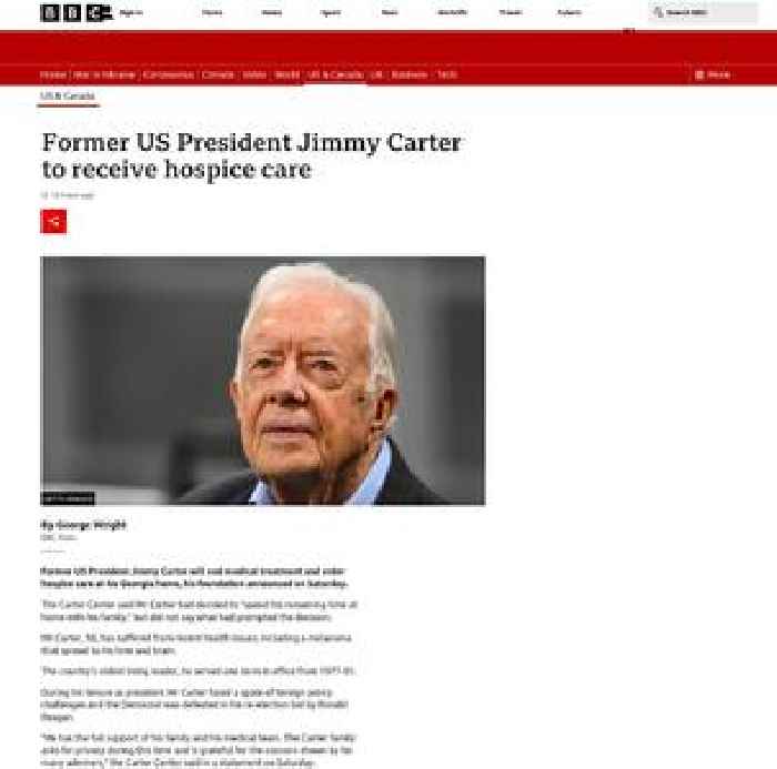 Former US President Jimmy Carter to receive hospice care