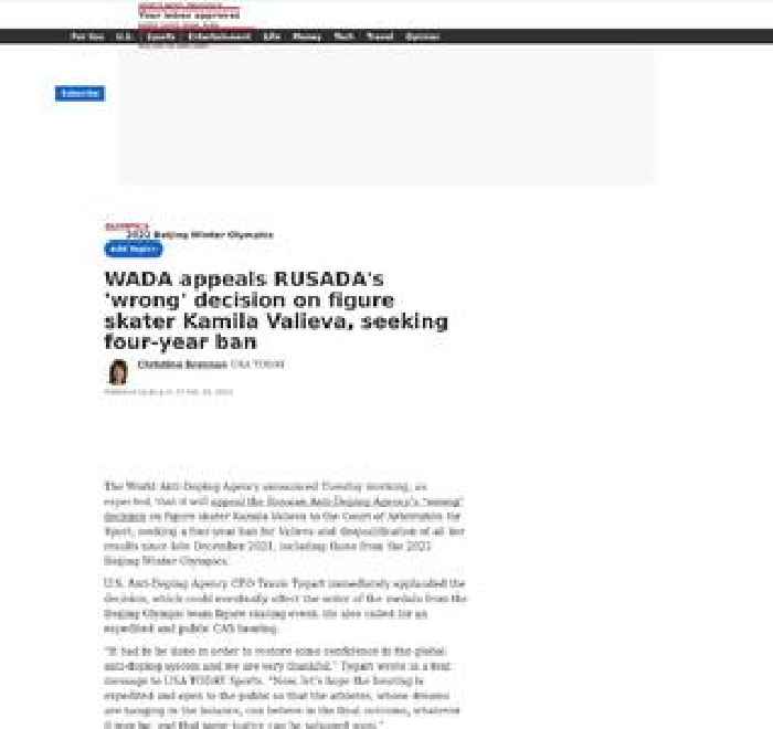WADA appeals RUSADA's 'wrong' decision on figure skater Kamila Valieva, seeking four-year ban