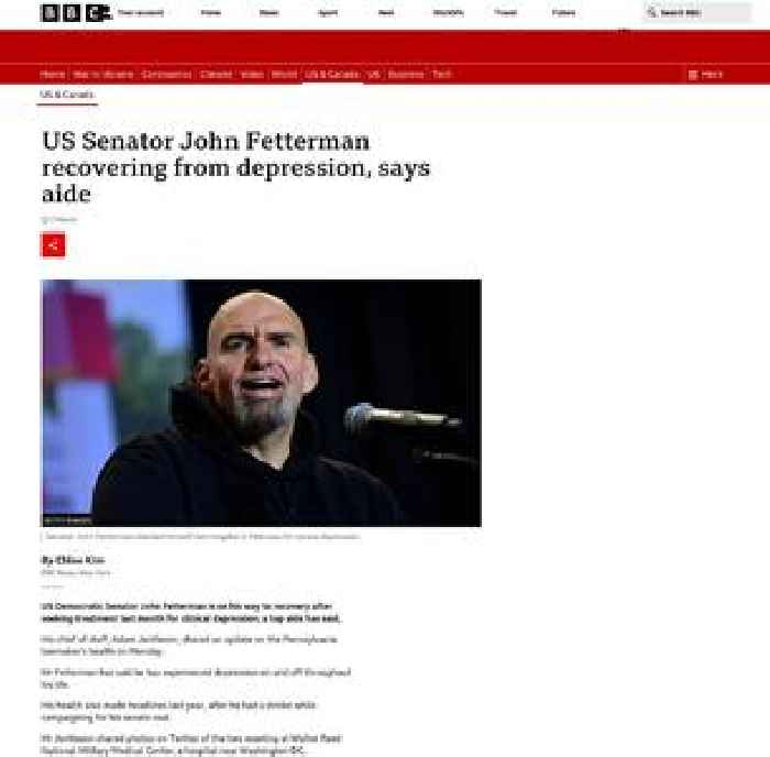 US Senator John Fetterman recovering from depression, says aide