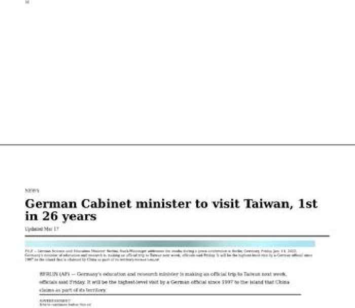German Cabinet minister to visit Taiwan, 1st in 26 years