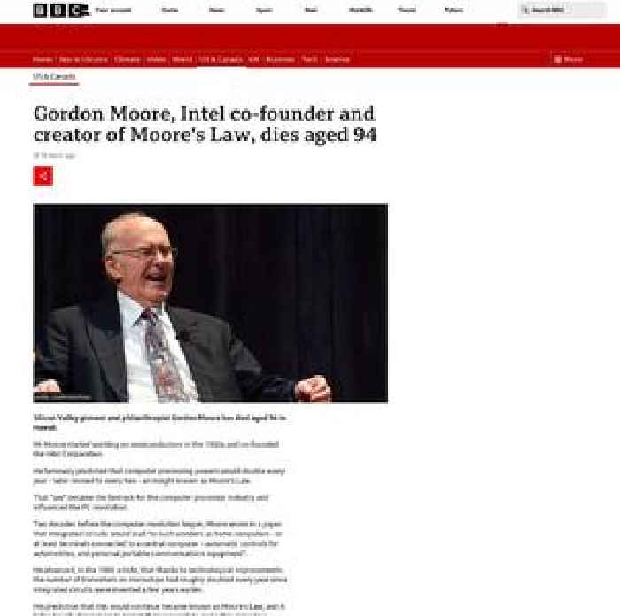 Gordon Moore, Intel co-founder and creator of Moore's Law, dies aged 94