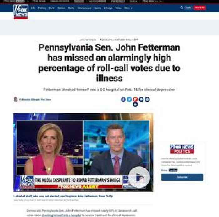 Pennsylvania Sen. John Fetterman has missed an alarmingly high percentage of roll-call votes due to illness