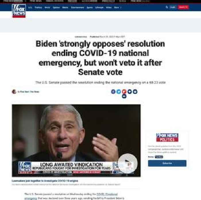 Biden 'strongly opposes' resolution ending COVID-19 national emergency, but won't veto it after Senate vote
