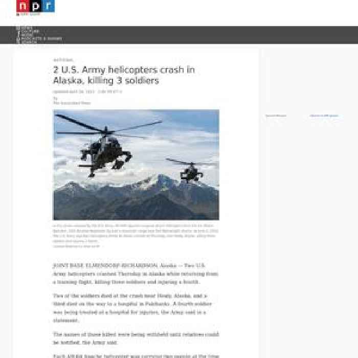 2 U.S. Army helicopters crash in Alaska, killing 3 soldiers