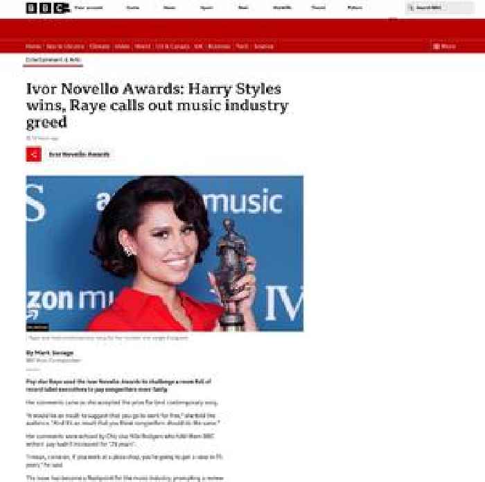 Ivor Novello Awards: Harry Styles wins, Raye calls out music industry greed