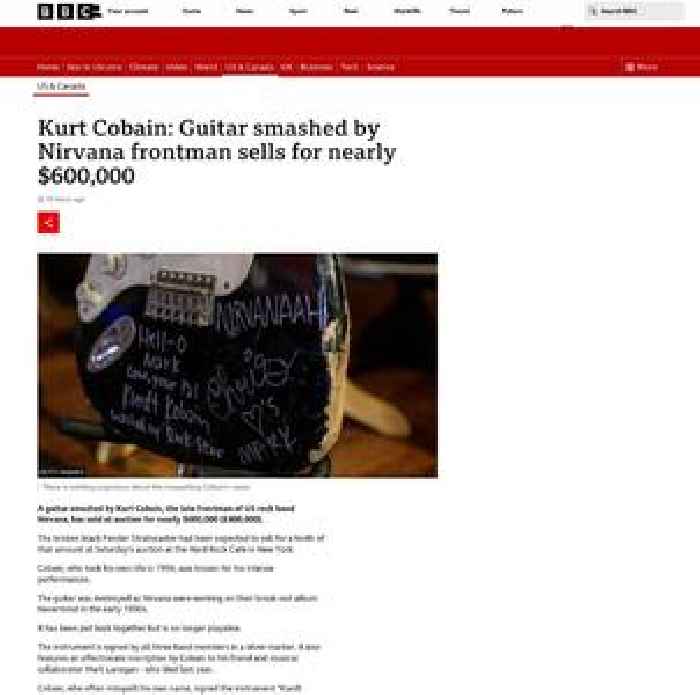 Kurt Cobain: Guitar smashed by Nirvana frontman sells for nearly $600,000