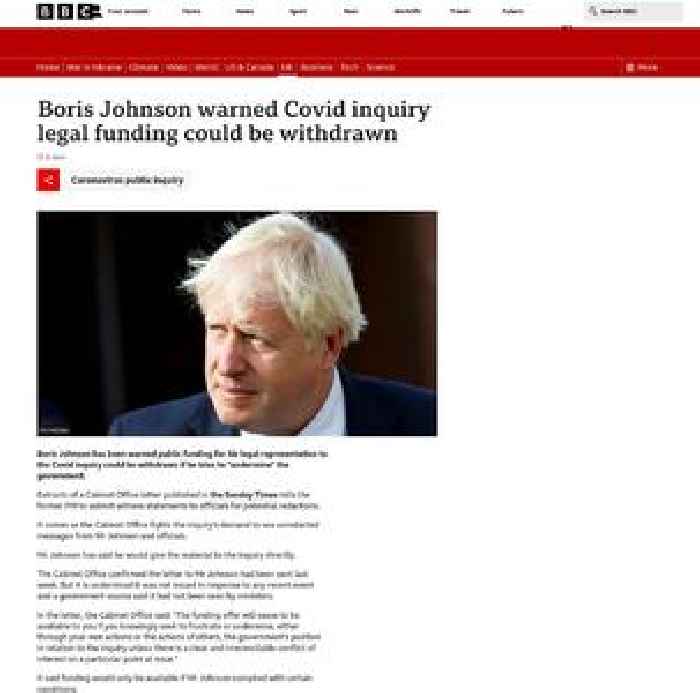 Boris Johnson warned Covid inquiry legal funding could be withdrawn